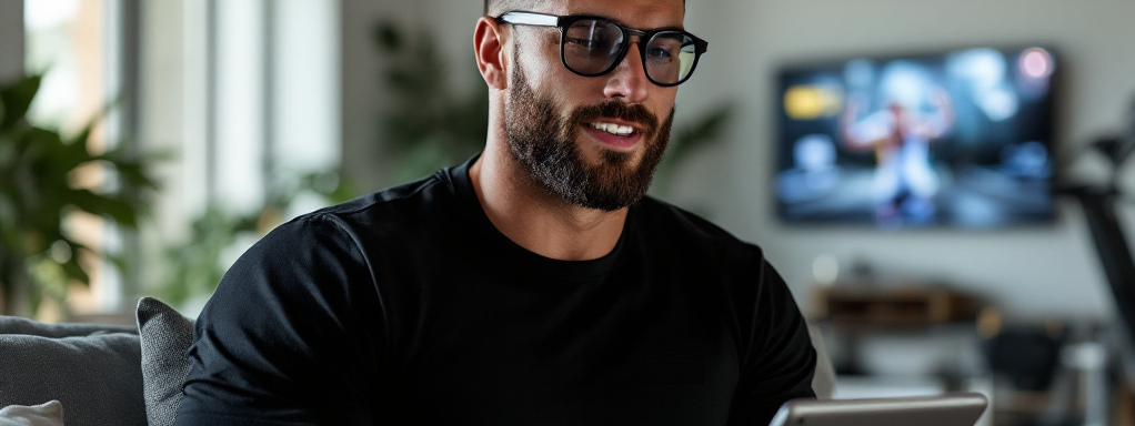 Trainierter Mann mit Brille liest von Tablet