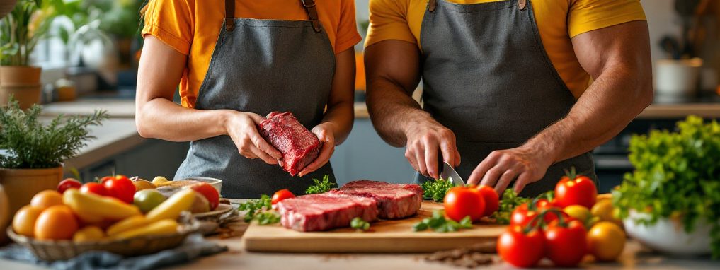 Bodybuilder-Paar beim Kochen